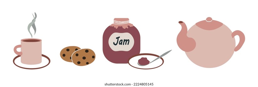 Tea time elements set vector illustration isolated on white background. Pink teapot and cup, jar of jam with a teaspoon on a saucer and chocolate cookies. Simple flat cartoon style 