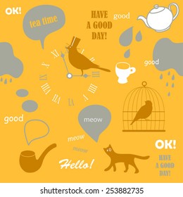 tea time english yellow pattern with cat