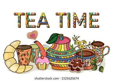 Tea time. eps10 vector illustration. teapot, cups, flowers still life. hand drawing.