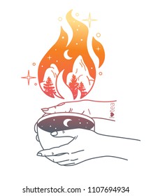 Tea time. Female hands holding tea cup. Vector hand drawn illustration