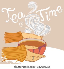 Tea time. Female hands holding tea cup. Vector hand drawn illustration