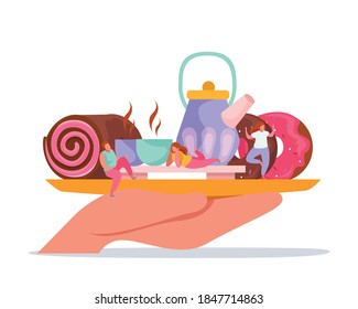 Tea time flat composition with human hand holding serving platter with sweets teapot cups and people vector illustration