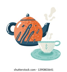 Tea time flat. Hospitality warming comfort tea drink with hot teapot and cap flat vector isolated breakfast illustration