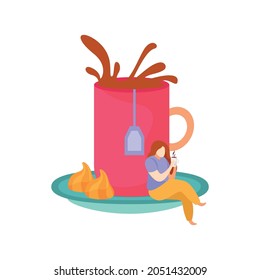 Tea time flat icon with cup and tiny woman sitting on saucer vector illustration