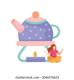 Tea time flat icon with teapot and woman sitting in lotus position vector illustration