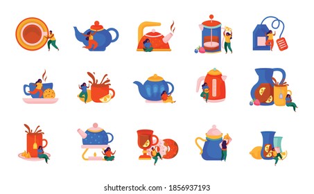 Tea time flat recolor set of isolated icons with small human characters plates cups and teapots vector illustration