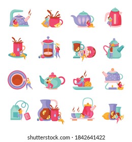 Tea time flat set of isolated icons with teapots cups and plates with doodle human characters vector illustration