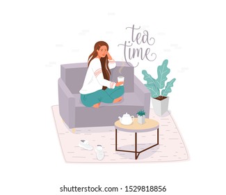 Tea time flat vector banner template. Romantic young girl on sofa drinking hot beverage cartoon character. Traditional autumn indoor pastime, leisure. Hygge concept, relaxation poster design layout