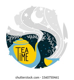 Tea time flat vector illustration. Teapot and cup. Night starry sky and tea service in circle shape isolated on white background. Evening leisure, domestic atmosphere, coziness concept