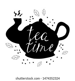 tea time. Funny illustration with cartoon caricature of teapot, inscription and decorative elements. vector. 