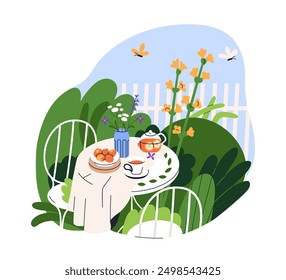 Tea time in garden. Cozy chairs and table served with teapot, cup, flower vase at countryside backyard. Morning outdoors in country nature. Flat vector illustration isolated on white background