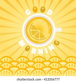 Tea time. Good morning Concept. Green tea with lemon. Morning sunrise. Sea waves from lemons. Cup of green tea. Natural citrus fruit. Sliced lemon. Dieting product. Vector illustration