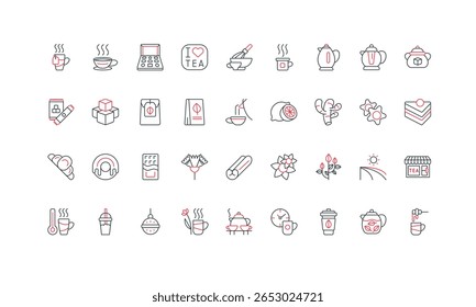 Tea time, green and black, matcha and bubble tea cup, pot and kettle, food snack line icon set. Morning traditional drink mug for energy and break, candy thin black and red symbols vector illustration