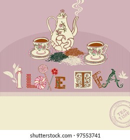 Tea time greeting card on abstract background, colorful, graphic vintage cups and  teapot, retro pattern with creative tea, cup, cake, teapot, lemon, sweet candy and leaf ornaments for design
