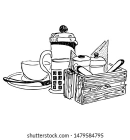 Tea time. Tea group hand drawn sketch in simple graphic style. Elegant illustration - drawing of teapot, teacup, box with knife, solt and pepper on table for design. Black and white lineart design. 