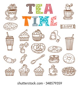 Tea time. Hand drawn tea and desserts. Vector illustration