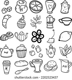 Tee-Time-Drawn Doodle Line Art Outline Set mit Tea Time, Zuckerwürfel, Honig, Wasserkocher, Zitrone, Tasse, Teekanne, Schlamm, Orange, Croissant, Teebeutel, Teebeutel, Muffin, Cupcakes, Brot