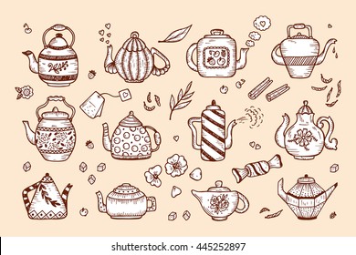 Tea Time. Hand Drawn Doodle Different Teapots and additives for tea Vector Set  