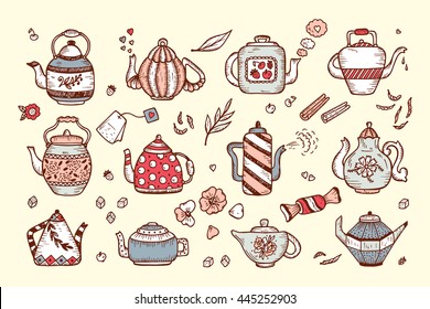 Tea Time. Hand Drawn Doodle Different Teapots and additives for tea Vector Set  