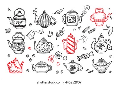 Tea Time. Hand Drawn Doodle Different Teapots and additives for tea Vector Set  