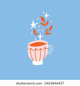 Tea time hand drawn illustration. A cup of tea isolated on blue background. Matcha tea in a cup and stars. Vector illustration.