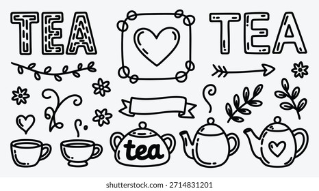 Ilustração desenhada à mão do tempo do chá com teapots e copos para o design