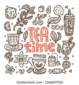 Tea time. Hand drawn tea illustrations. Doodle style banner. Vector square concept. Colored lettering with elements