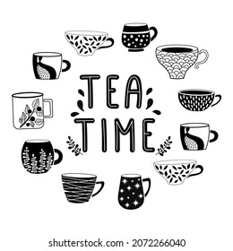 Tea time hand drawn lettering on a white background. Tea cups