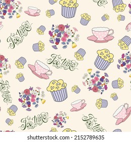 Tea time hand drawn seamless pattern with lettering, flowers, teacups and cakes on beige background. Vector illustration for fabric, wrapping paper, packaging.
