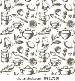 Tea time hand drawn  seamless pattern.Background in vector.