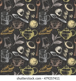 Tea time hand drawn  seamless pattern.Background in vector.Vintage. 