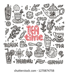 Tea time. Hand drawn square banner. Vector line illustration