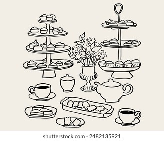 Tea Time. Hand drawn tea table. Tablescape for invitation, stationery or branding. Illustration for invitations. Candy bar. Dessert table.