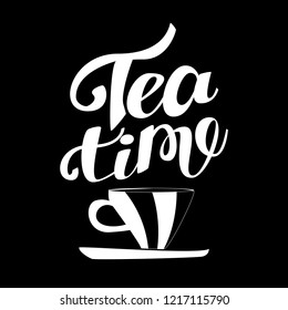 Tea Time. Hand drawn typography poster with doodle elements. Calligraphic design for poster, flyer, logo or blog.  Restaurant cafe menu, template design. Vector illustration on white background. 