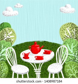 Tea Time Hand Drawn Vector Illustration. Tea Couple At The Garden Table, Afternoon Tea