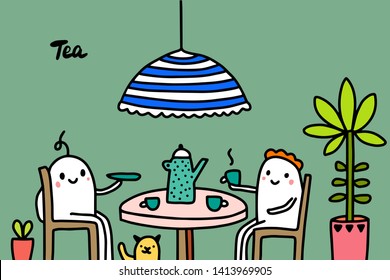 Tea time hand drawn vector illustration in cartoon style. Two people drinking together