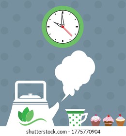 Tea time hand drawn vector illustration with tea cup, teapot, cupcake and wall clock. Cute Tea time party invitation. Use for cards, menu cover