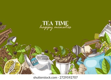 Fundo de vetor desenhado à mão do tempo do chá