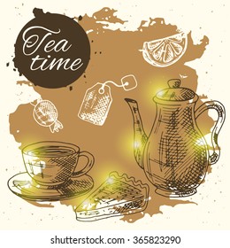 Tea time. Hand drawn vector illustration. Teapot, cup and cheesecake.