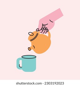 Tea time. A hand holding a teapot and a cup. Vector illustration, print, design, postcard