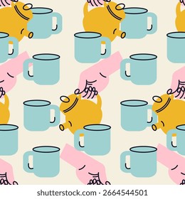 Tea Time. Eine Hand, die eine Teekanne und eine Tasse hält. Nahtloses Muster, Hintergrund, Druck, Design, Umschlagpapier