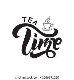 Tea time hand written phrase isolated on white background and simple sketch of cup. Modern brush ink calligraphy. Design for greeting postcard, logo, poster, banner. Vector illustration EPS10