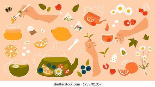 Tea time. A hand-drawn set of flat-style tea ceremony elements. Honey, green tea, fruit and herb drinks, chamomile, lemon, orange, strawberry. Transparent teapot and mug, line. Stylish vector set.