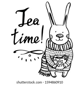 Tea time and hare with cup. Hand drawn funny hare in a sweater with a cup. Vector illustration isolated on the white background. 