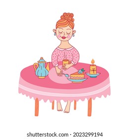 Tea time home girl lady cute vector illustration
