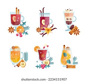 Tea Time with Hot Brewed Drink Poured in Glass Mug with Spices Vector Set