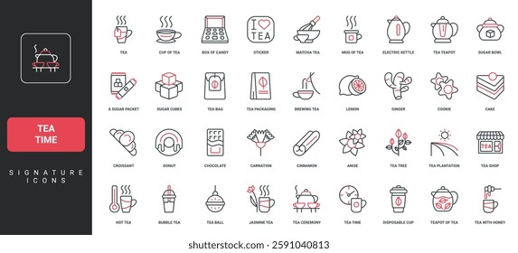 Tea time, hot drink cup and teapot, teabag for brewing, dessert and sugar for ceremony line icon set. Fresh leaf from farm plantation, lemon, ginger thin black and red symbols vector illustration