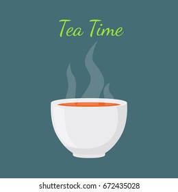 Tea time - hot drink. White cup, morning beverage. Made in cartoon flat style. Vector illustration