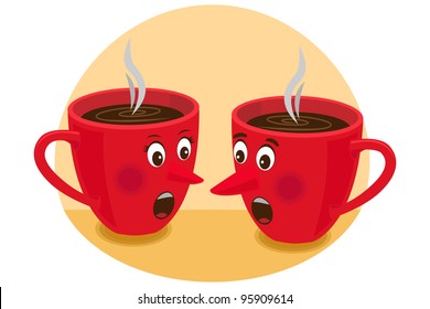 Tea time hot gossip - A concept that shows 2 mugs gossiping in the pantry