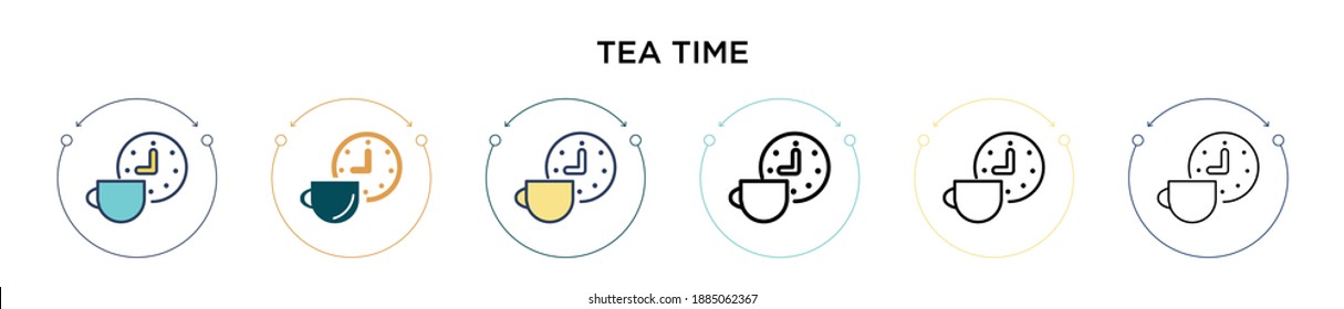 Tea time icon in filled, thin line, outline and stroke style. Vector illustration of two colored and black tea time vector icons designs can be used for mobile, ui, web